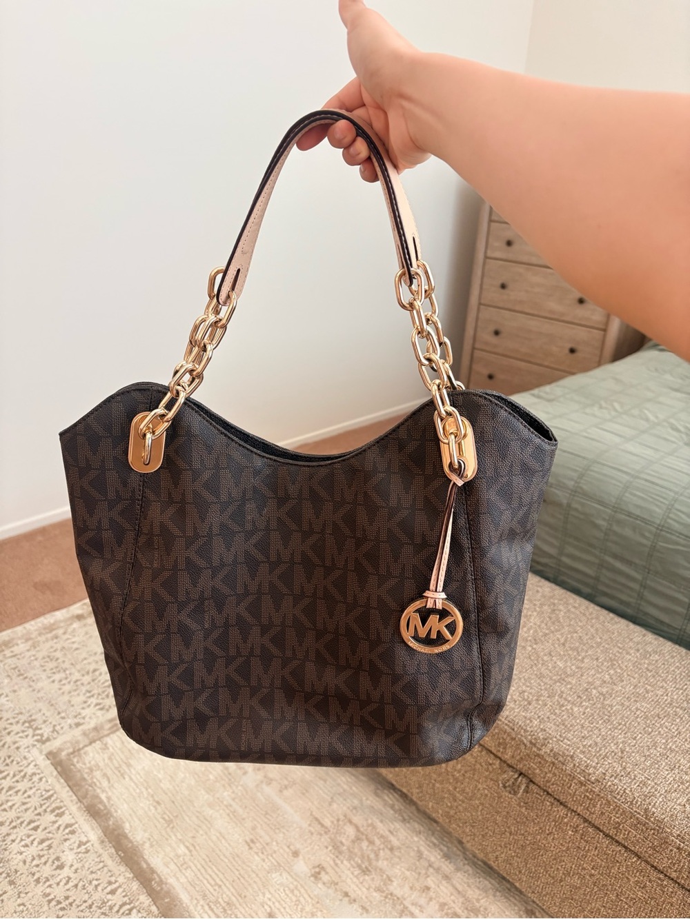 Michael Kors Brown Logo Shoulder Bag with Gold Chain Handles